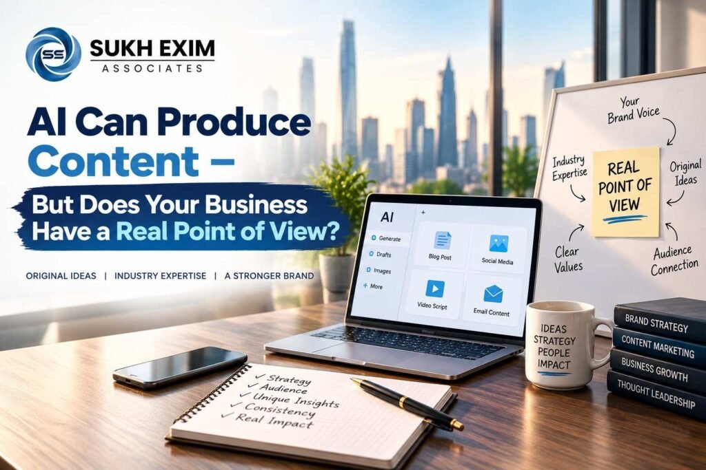 AI content creation and brand strategy concept for Sukh Exim Associates, featuring a laptop with AI writing tools, a whiteboard explaining a real point of view, and books on content marketing and business growth.