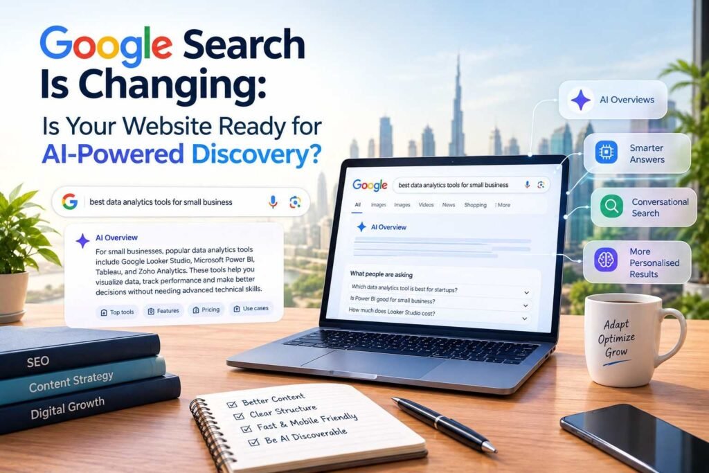 Google Search and AI-powered discovery concept featuring a laptop displaying AI search results, SEO content tips, and smarter search features in a modern office.