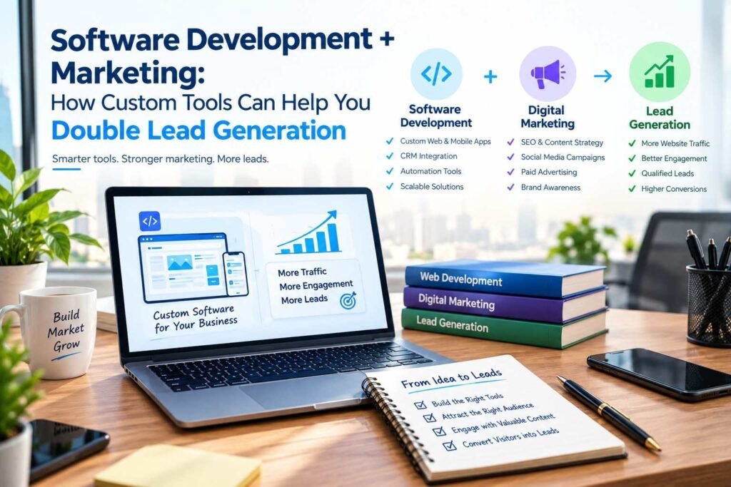 Software development and digital marketing infographic showing how custom software, CRM integration, automation, and SEO can improve lead generation and conversions.