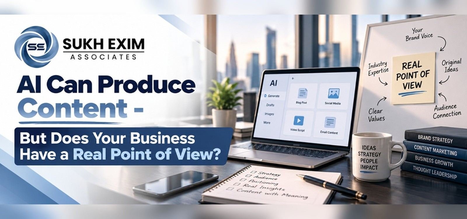 AI-generated content and business brand strategy concept featuring a laptop with AI content tools, a real point of view board, and marketing books for Sukh Exim Associates.